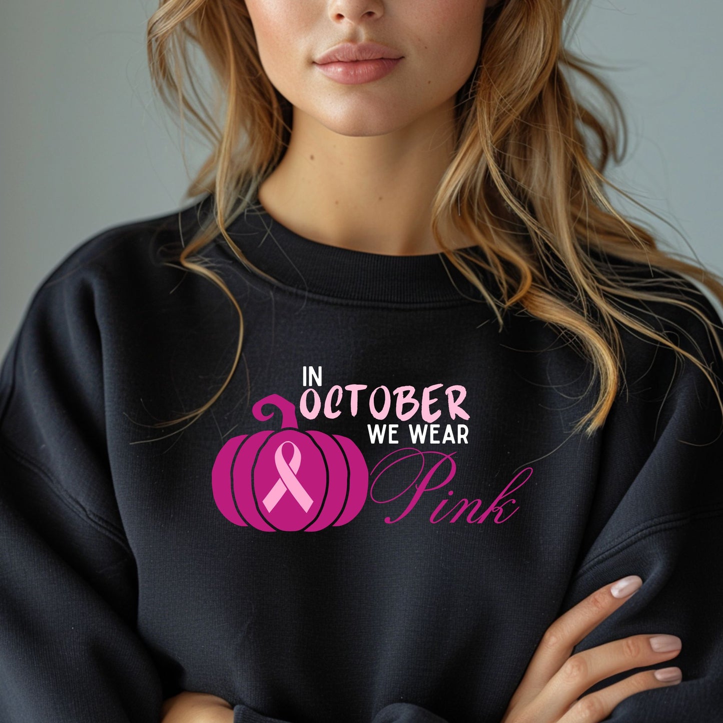 In October We Wear Pink Breast Cancer Awareness Month Pumpkin Ribbon Support 2