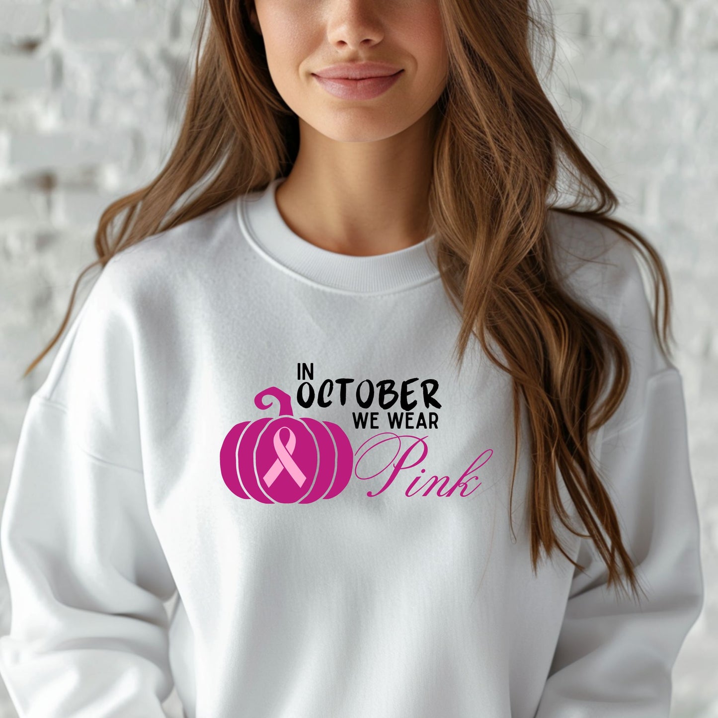 In October We Wear Pink Breast Cancer Awareness Month Pumpkin Ribbon Support 2