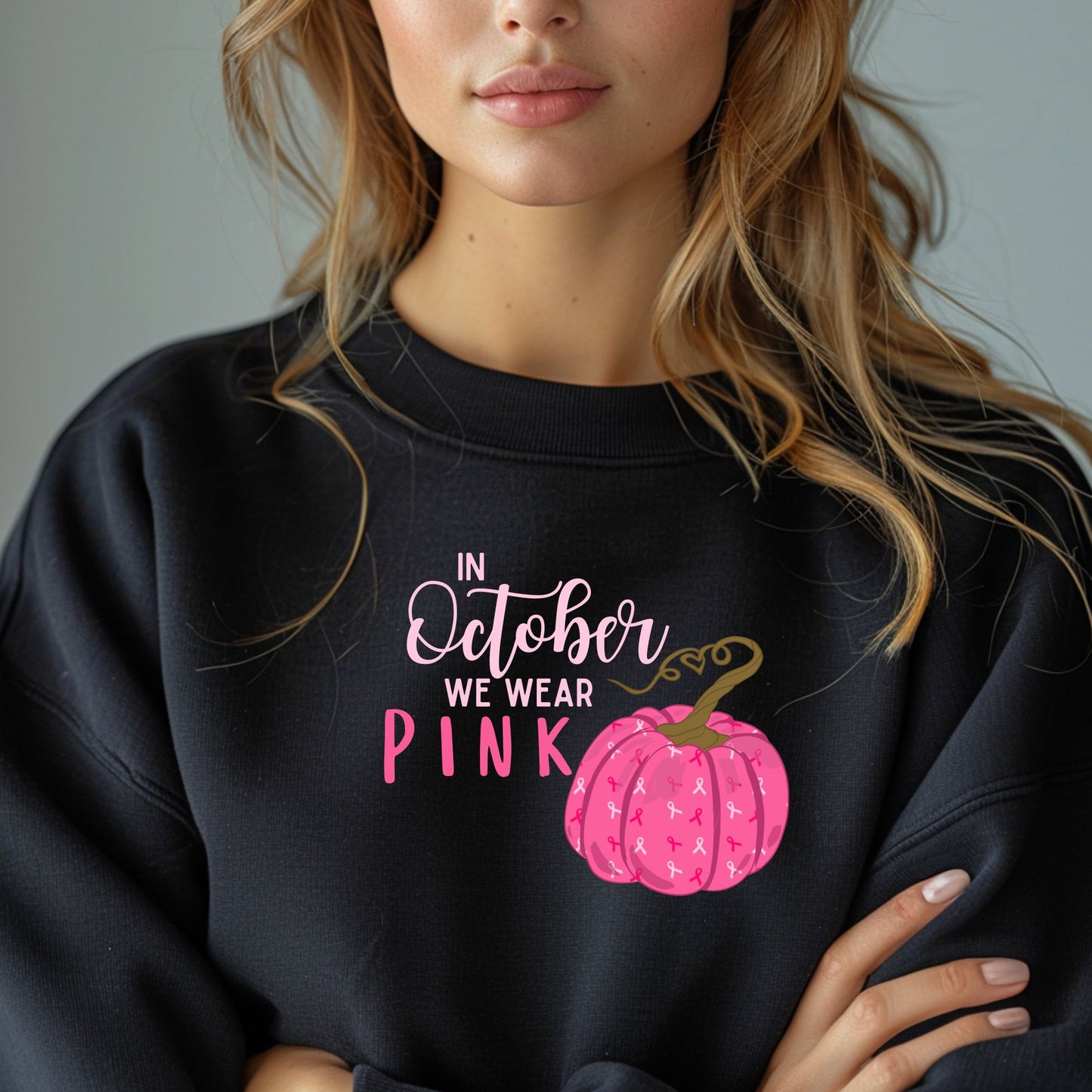 In October We Wear Pink Breast Cancer Awareness Month Pumpkin Ribbon Support