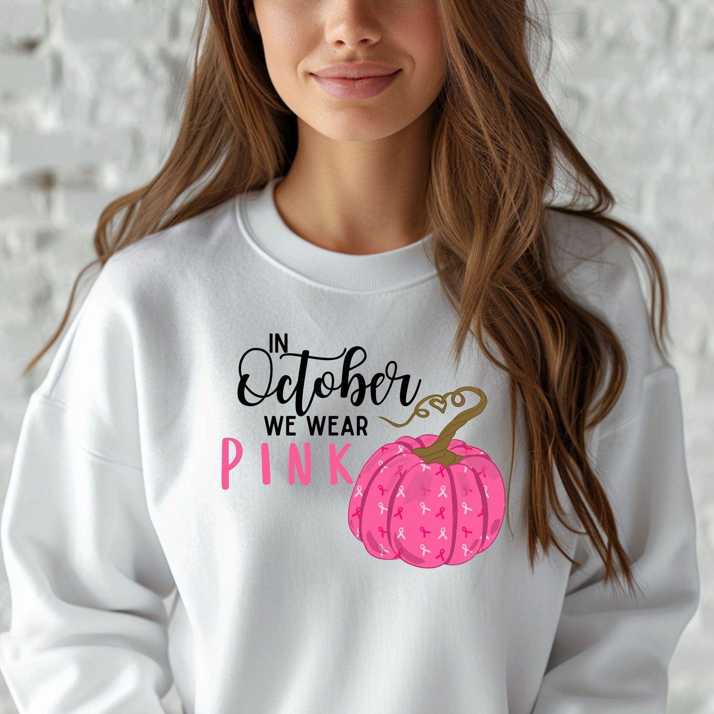 In October We Wear Pink Breast Cancer Awareness Month Pumpkin Ribbon Support