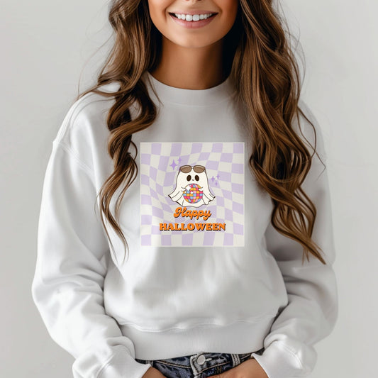 Happy Halloween Ghost Cute Holding Disco Ball Sunglasses Retro Fall