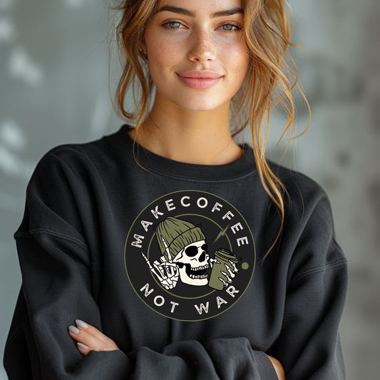 Make Coffee Not War Skeleton Drinking Cup Fall Cozy Military Green Halloween