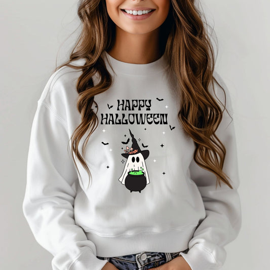 Happy Halloween Ghost Witch Witches Hat Cauldron Bats