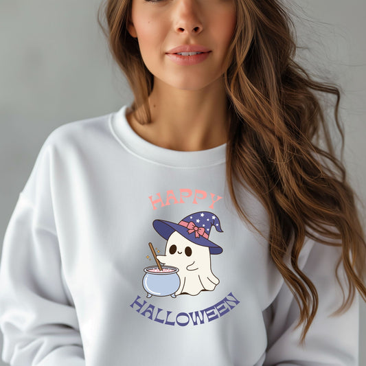 Happy Halloween Witch Ghost Cauldron Cute Retro