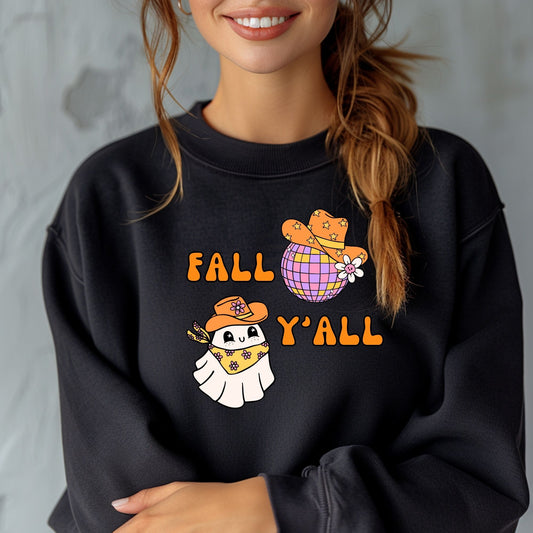 Fall Y’all Ghost Cowboy Cowgirl Hat Disco Ball Retro Halloween